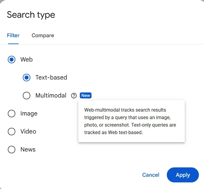 Google Search Console Performance Report Gains Multimodal Search Type Filter