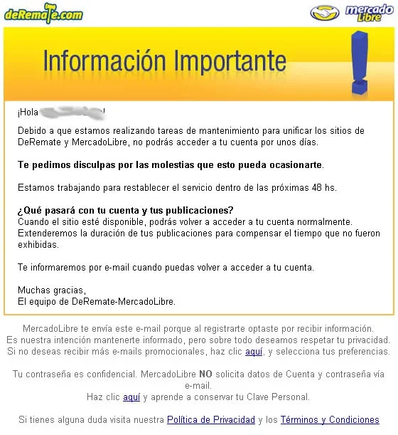 Mail de integración deRemate - Mercadolibre