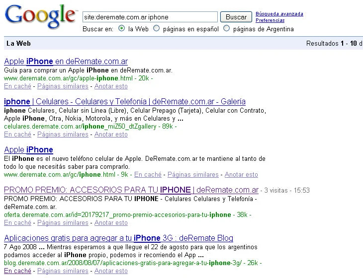 Resultado en Google de deRemate y MercadoLibre