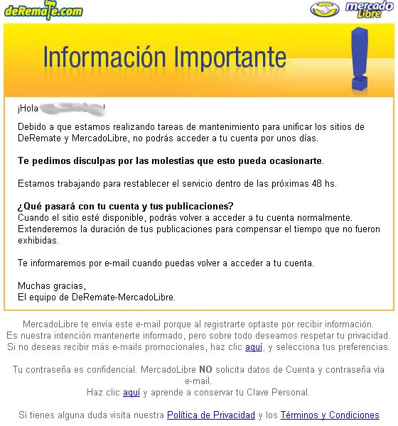 Mail de integración deRemate - Mercadolibre