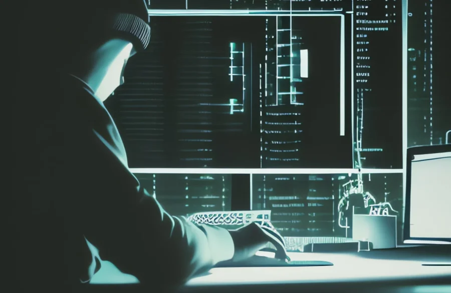 Un hacker con código fuente en su pantalla