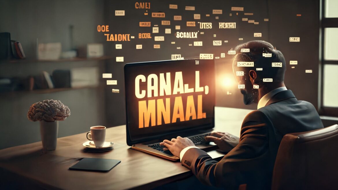 Una persona escribiendo en una computadora mientras piensa en palabras clave que pasan por su cabeza