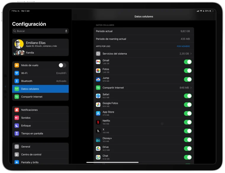 Consumo de datos en iPadOS
