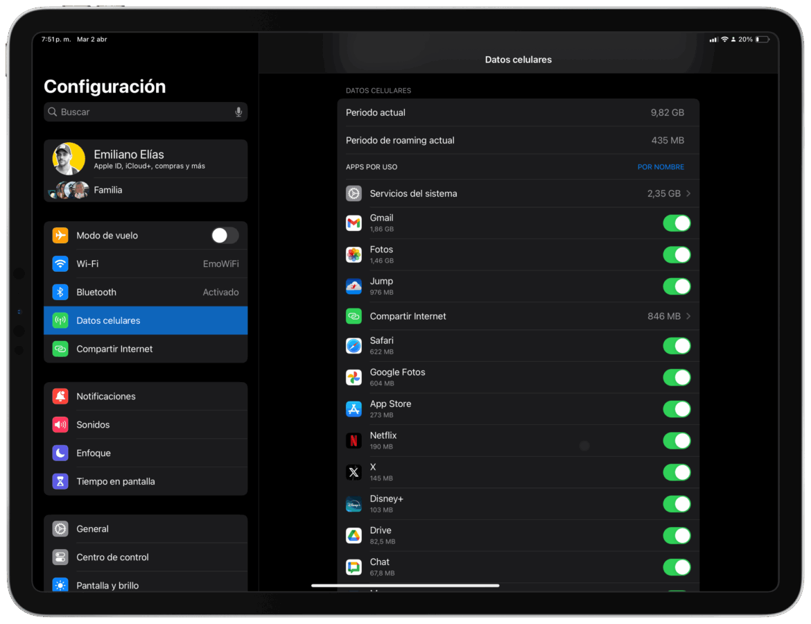 Consumo de datos en iPadOS